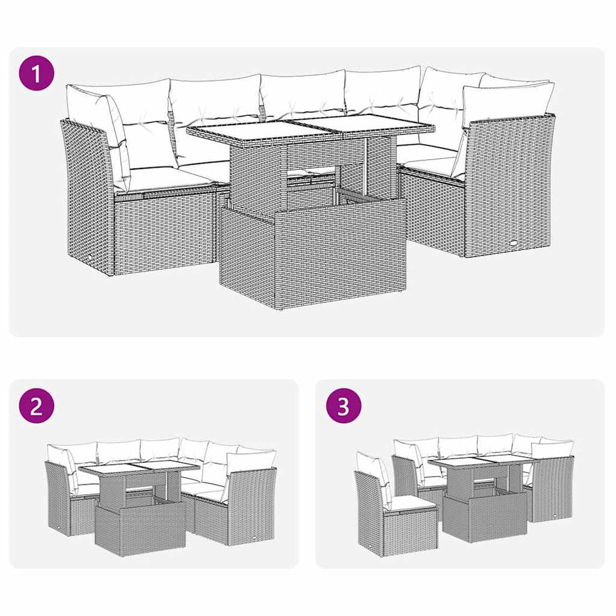 6-delige Loungeset met kussens poly rattan acacia zwart