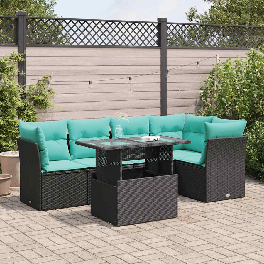6-delige Loungeset met kussens poly rattan acacia zwart
