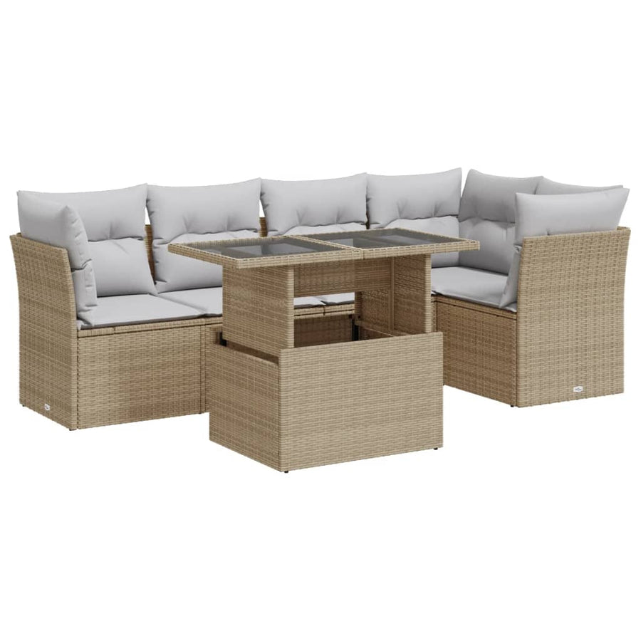 6-delige Loungeset met kussens poly rattan beige
