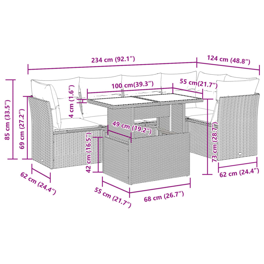 6-delige Loungeset met kussens poly rattan beige