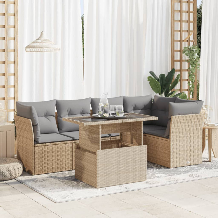 6-delige Loungeset met kussens poly rattan beige