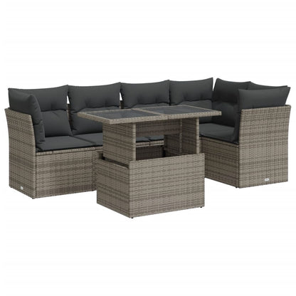 6-delige Loungeset met kussens poly rattan grijs