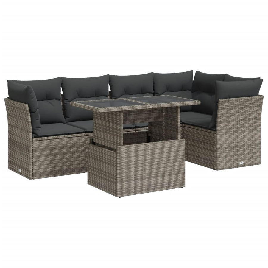 6-delige Loungeset met kussens poly rattan grijs
