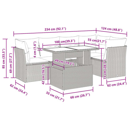 6-delige Loungeset met kussens poly rattan grijs