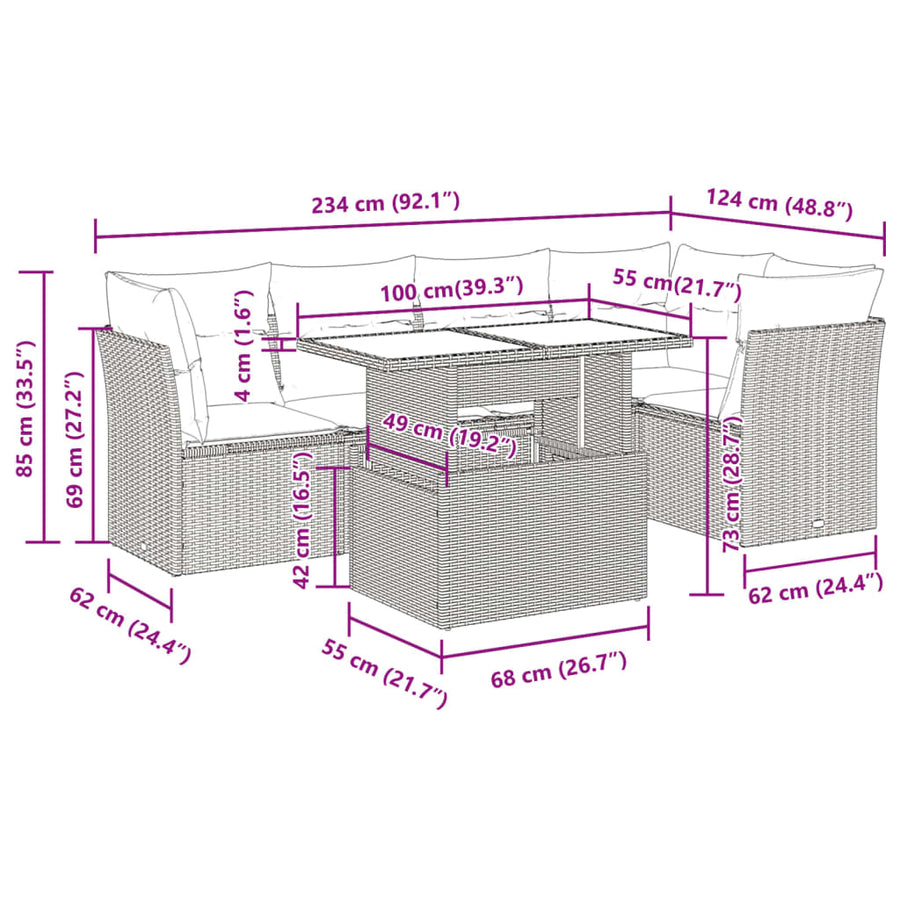 6-delige Loungeset met kussens poly rattan grijs