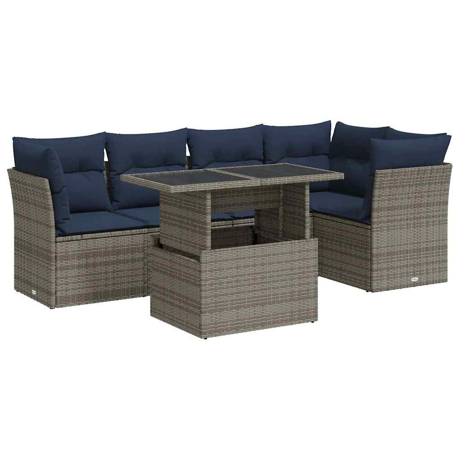 6-Delige Loungeset Met Kussens Poly Rattan Acacia 1 Grijs