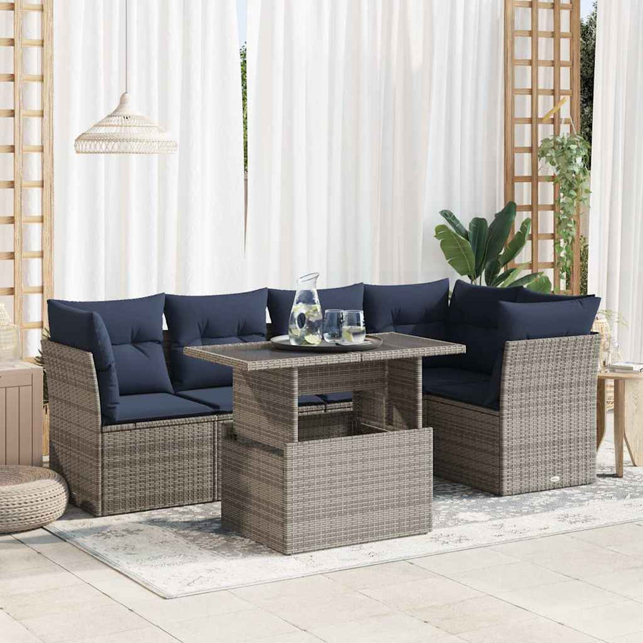 6-Delige Loungeset Met Kussens Poly Rattan Acacia 1 Grijs