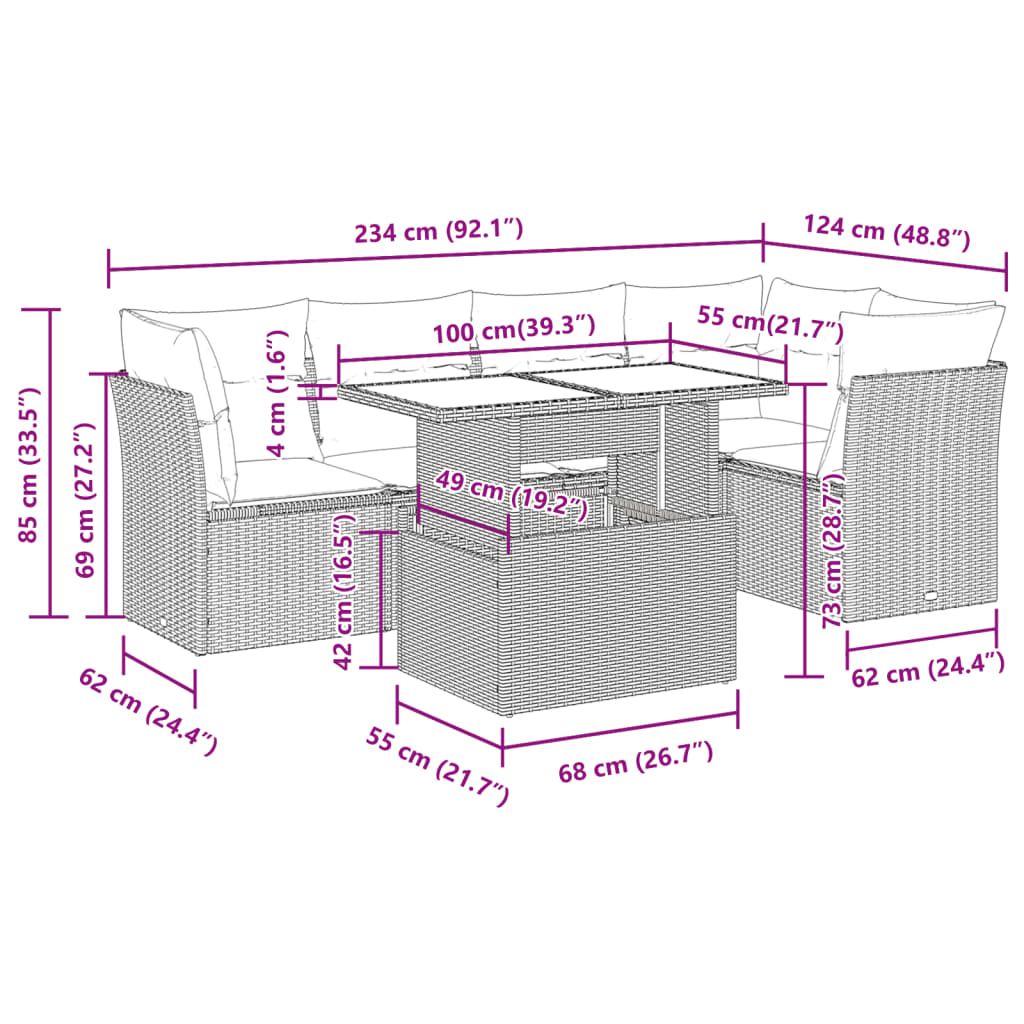 6-delige Loungeset met kussens poly rattan lichtgrijs