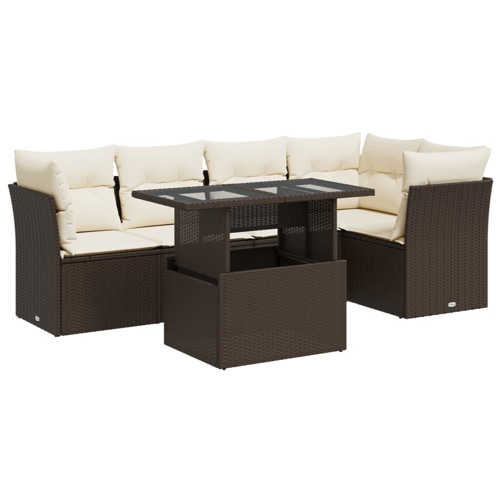 6-delige Loungeset met kussens poly rattan bruin