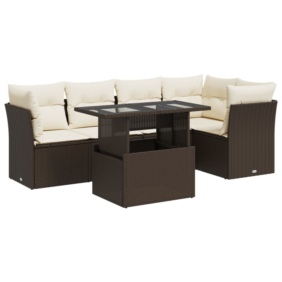 6-delige Loungeset met kussens poly rattan bruin