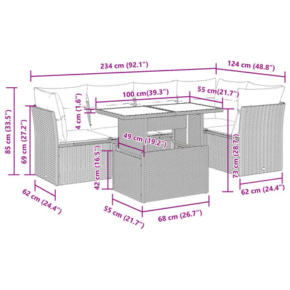 6-delige Loungeset met kussens poly rattan bruin