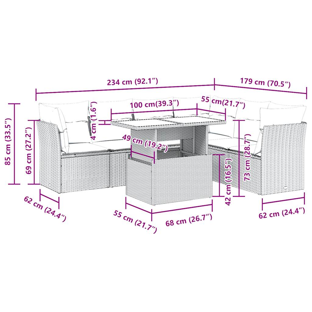 7-delige Loungeset met kussens poly rattan zwart