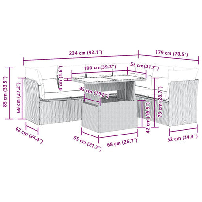 7-delige Loungeset met kussens poly rattan zwart