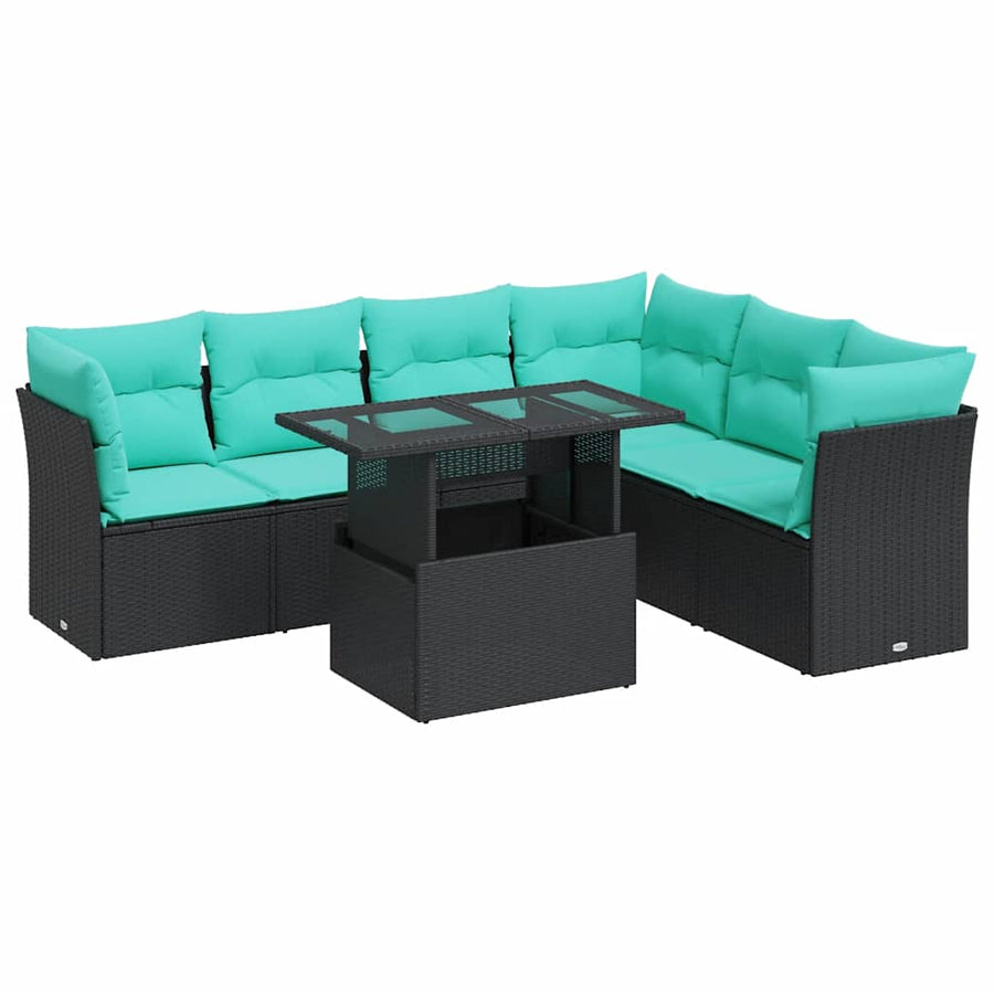 7-delige Loungeset met kussens poly rattan acacia zwart