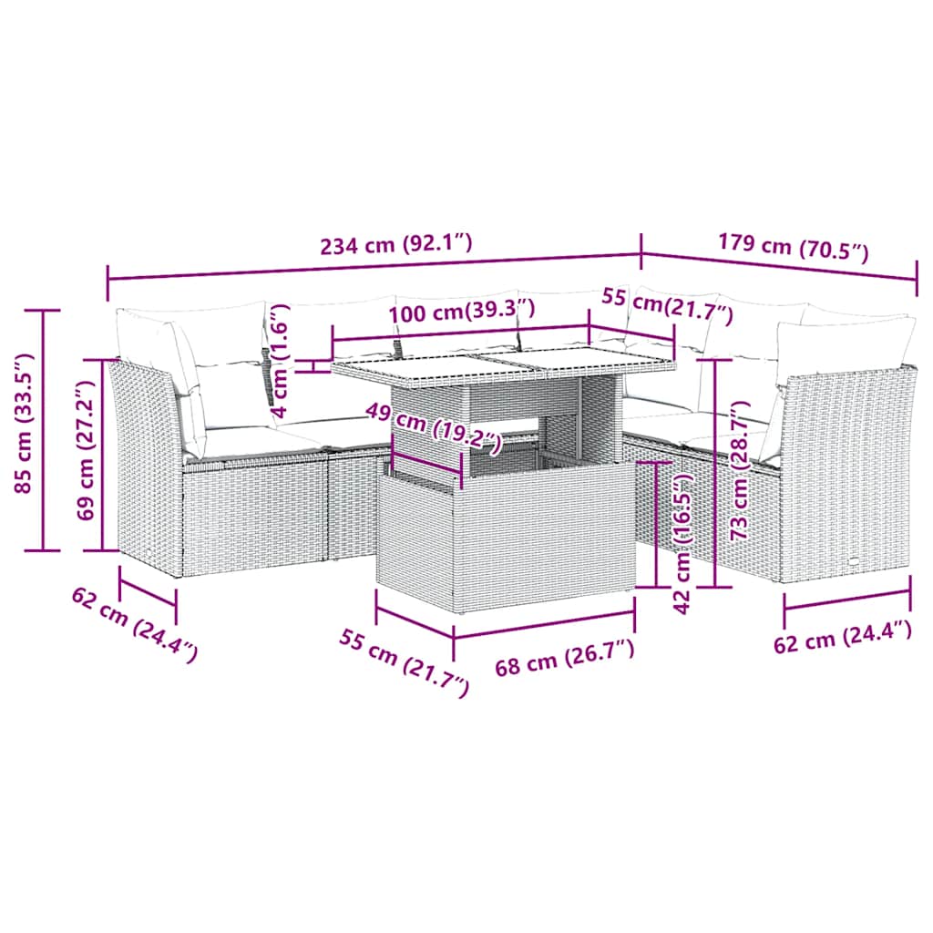 7-delige Loungeset met kussens poly rattan acacia zwart