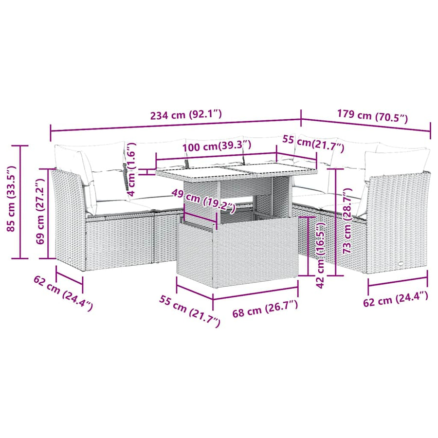 7-delige Loungeset met kussens poly rattan acacia zwart