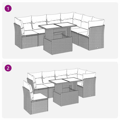 7-delige Loungeset met kussens poly rattan acacia zwart