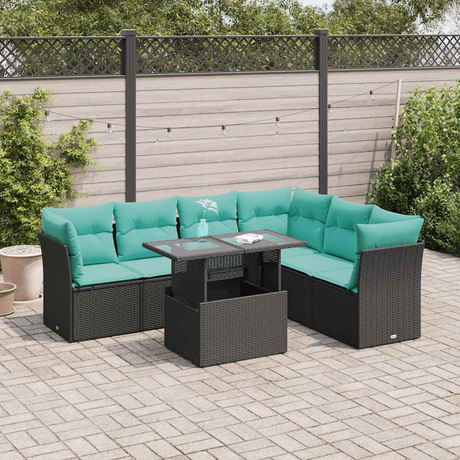 7-delige Loungeset met kussens poly rattan acacia zwart