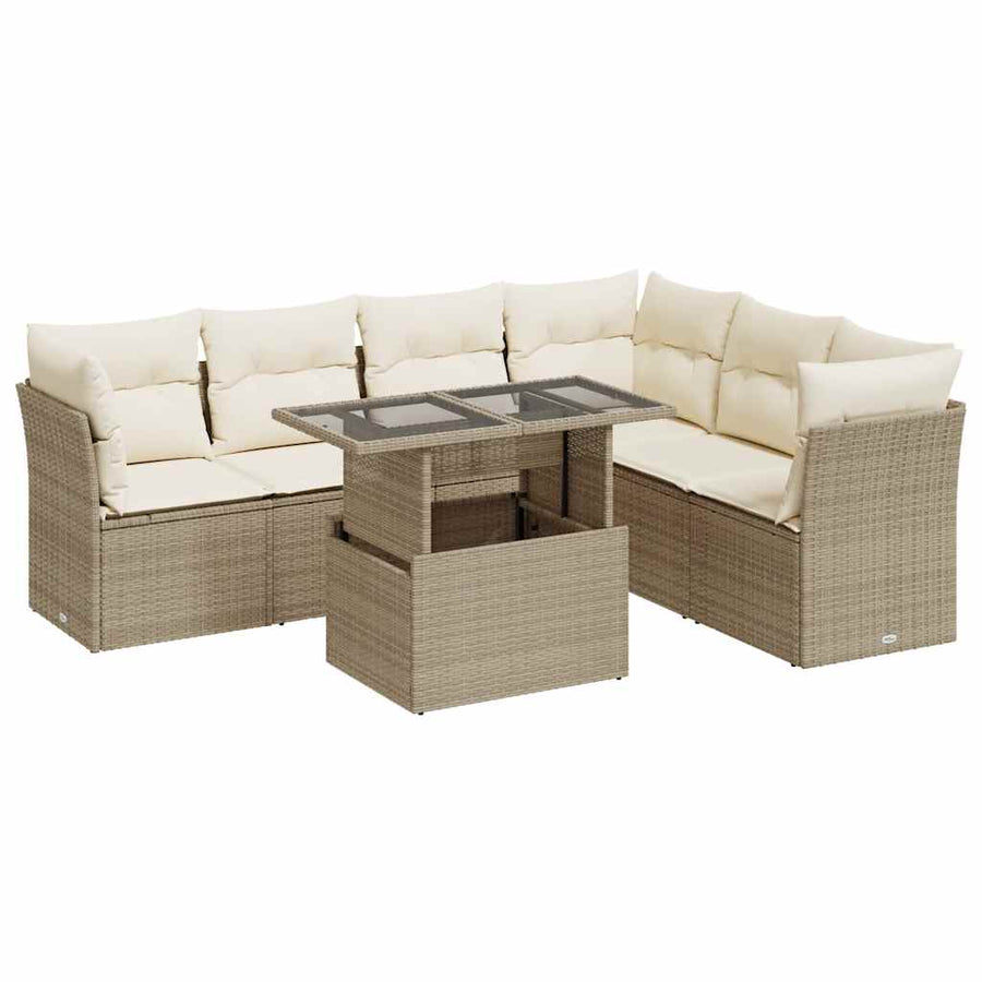 7-delige Loungeset met kussens poly rattan beige