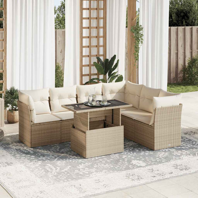 7-delige Loungeset met kussens poly rattan beige