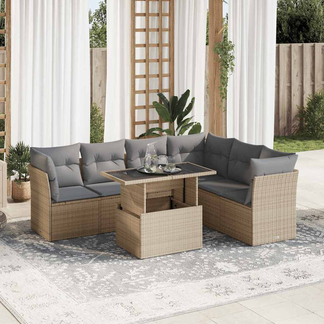 7-delige Loungeset met kussens poly rattan beige