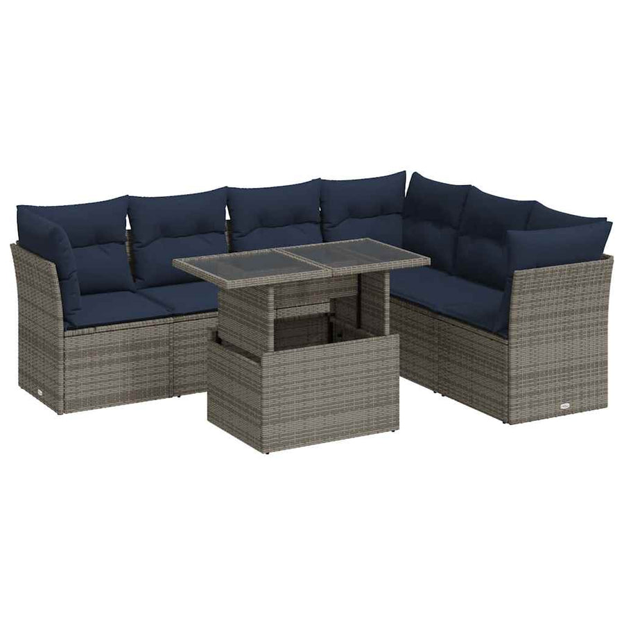 7-Delige Loungeset Met Kussens Poly Rattan Acacia Zwart 1 Grijs
