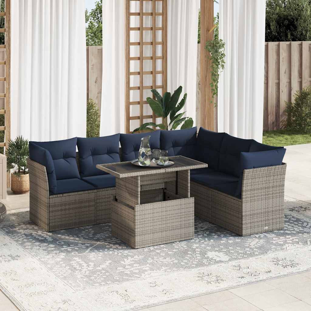 7-Delige Loungeset Met Kussens Poly Rattan Acacia Zwart 1 Grijs