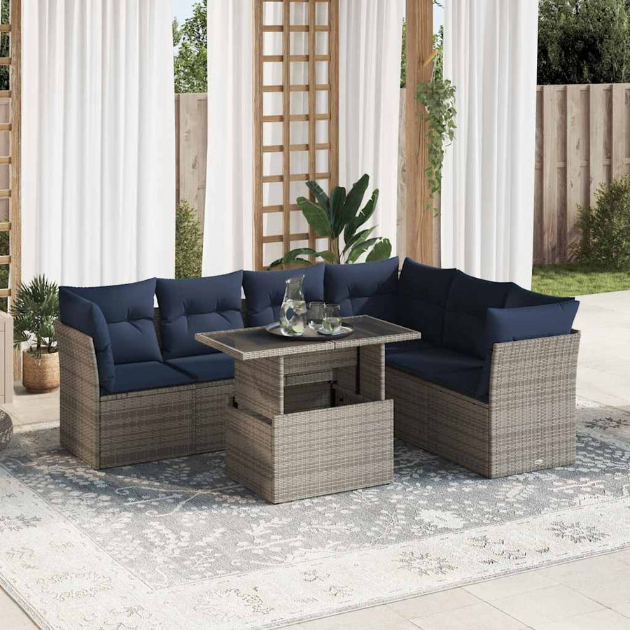 7-Delige Loungeset Met Kussens Poly Rattan Acacia Zwart 1 Grijs