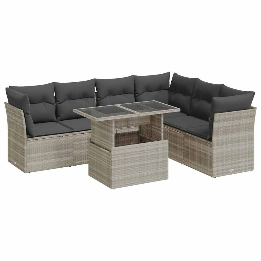 7-delige Loungeset met kussens poly rattan lichtgrijs