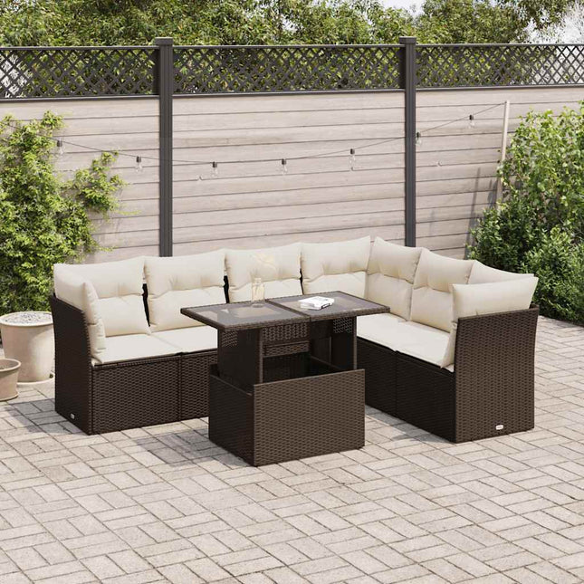 7-delige Loungeset met kussens poly rattan bruin