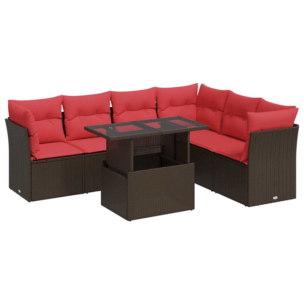 7-Delige Loungeset Met Kussens Poly Rattan Acacia Grijs 1 Bruin