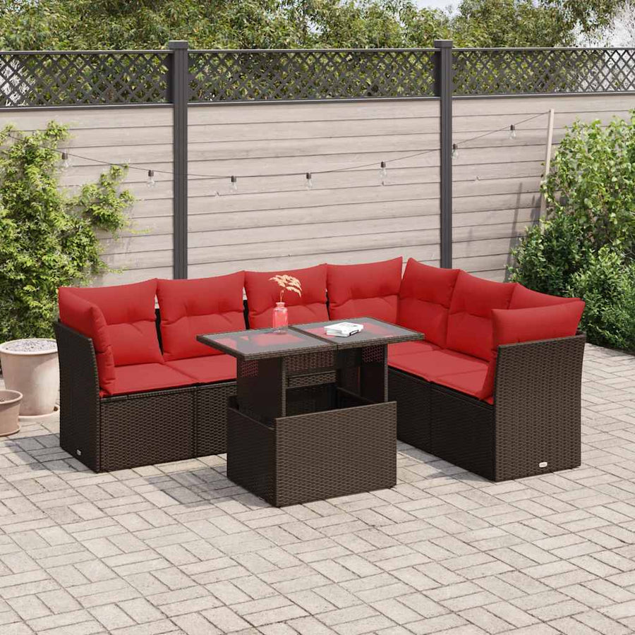7-Delige Loungeset Met Kussens Poly Rattan Acacia Grijs 1 Bruin
