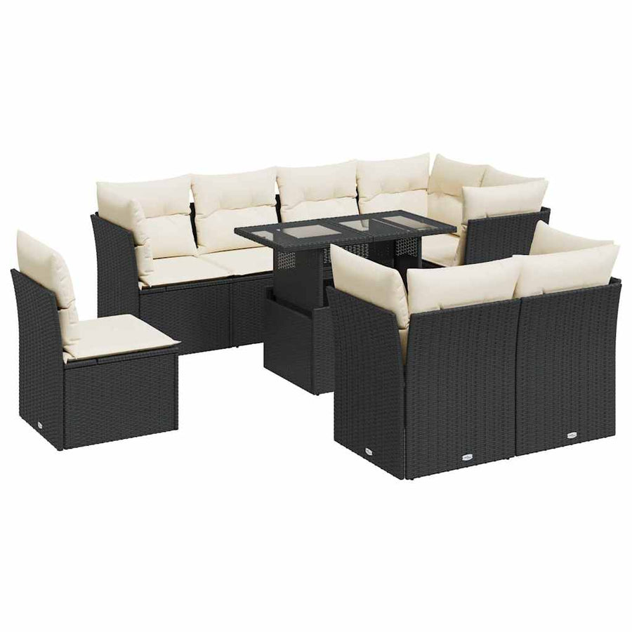 9-delige Loungeset met kussens poly rattan zwart