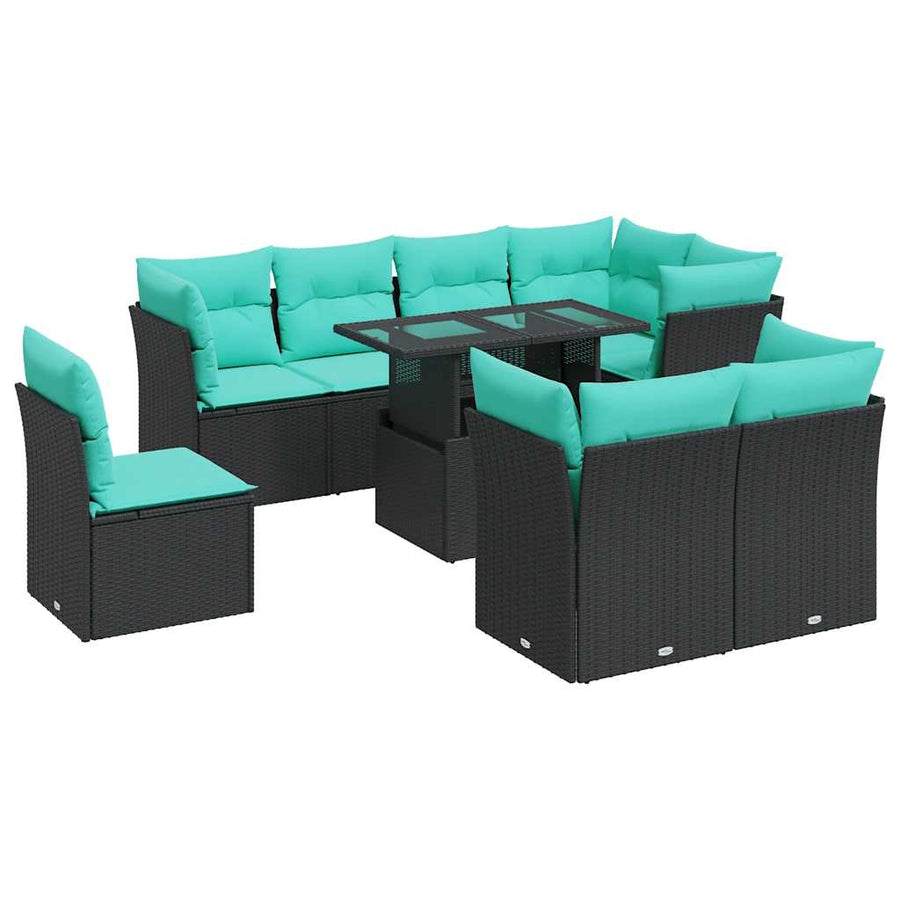 9-delige Loungeset met kussens poly rattan acacia zwart