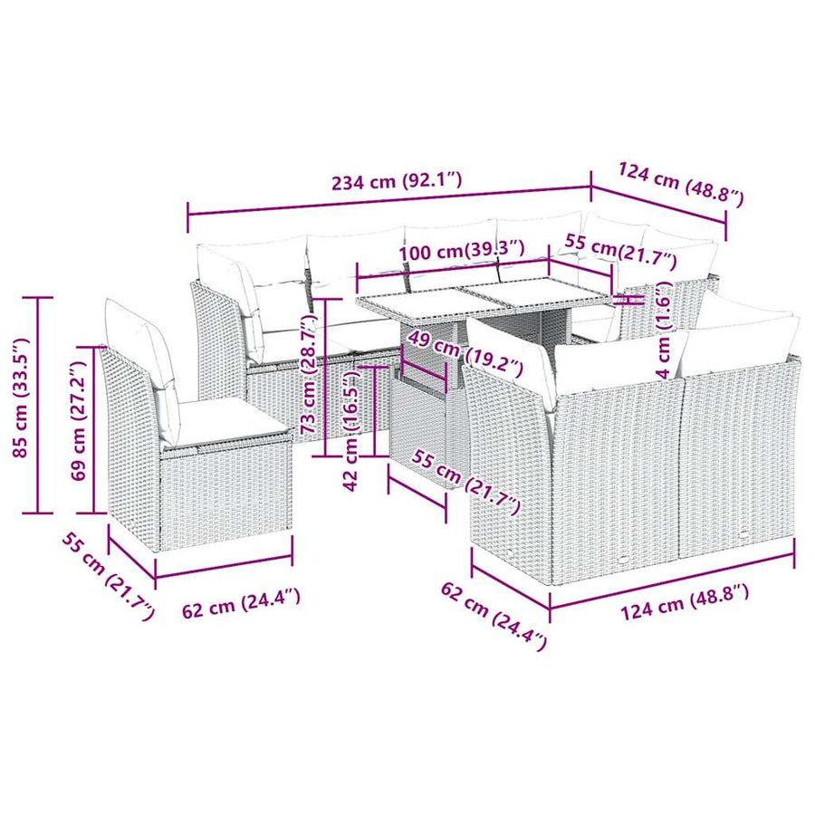 9-delige Loungeset met kussens poly rattan acacia zwart