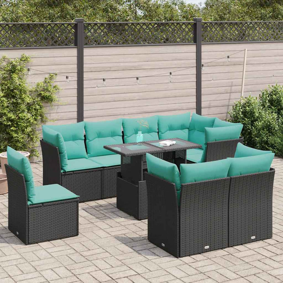 9-delige Loungeset met kussens poly rattan acacia zwart