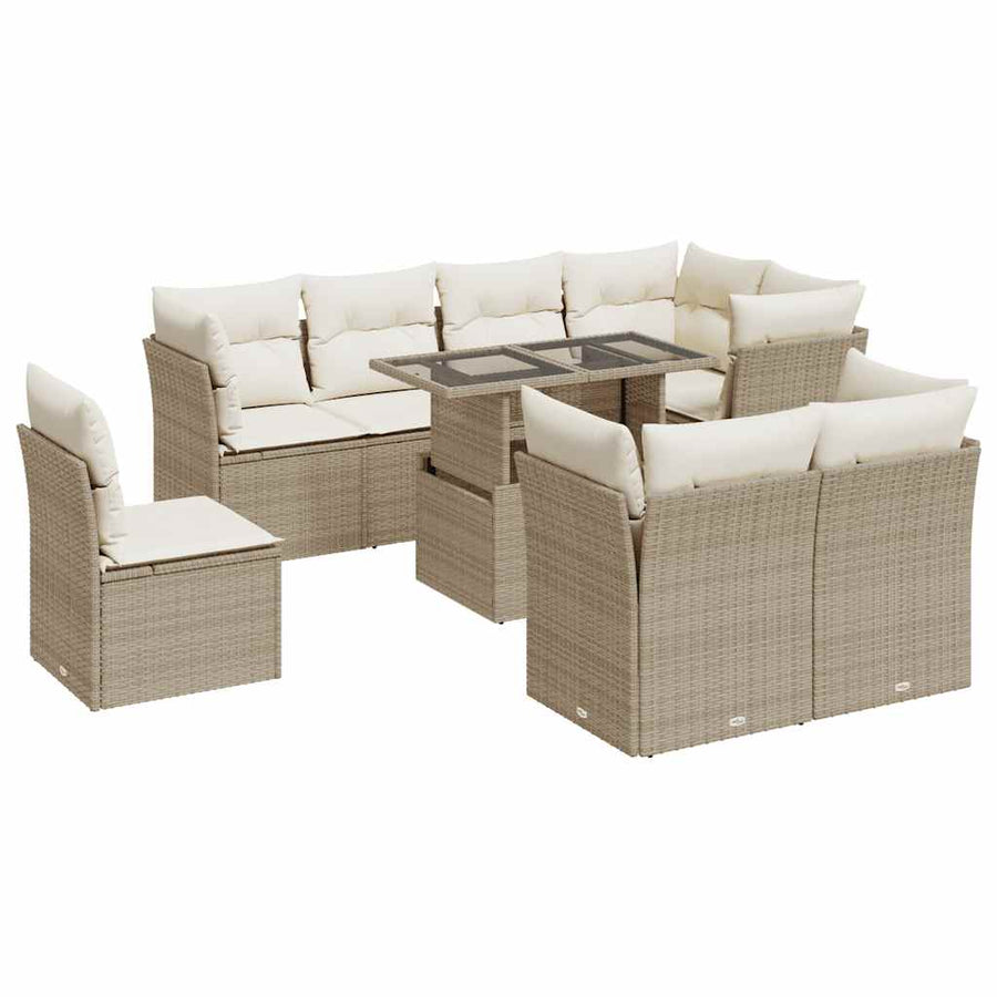 9-delige Loungeset met kussens poly rattan beige