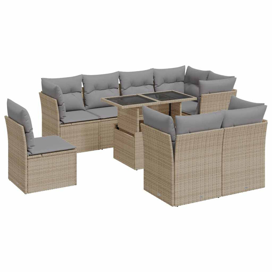 9-delige Loungeset met kussens poly rattan beige