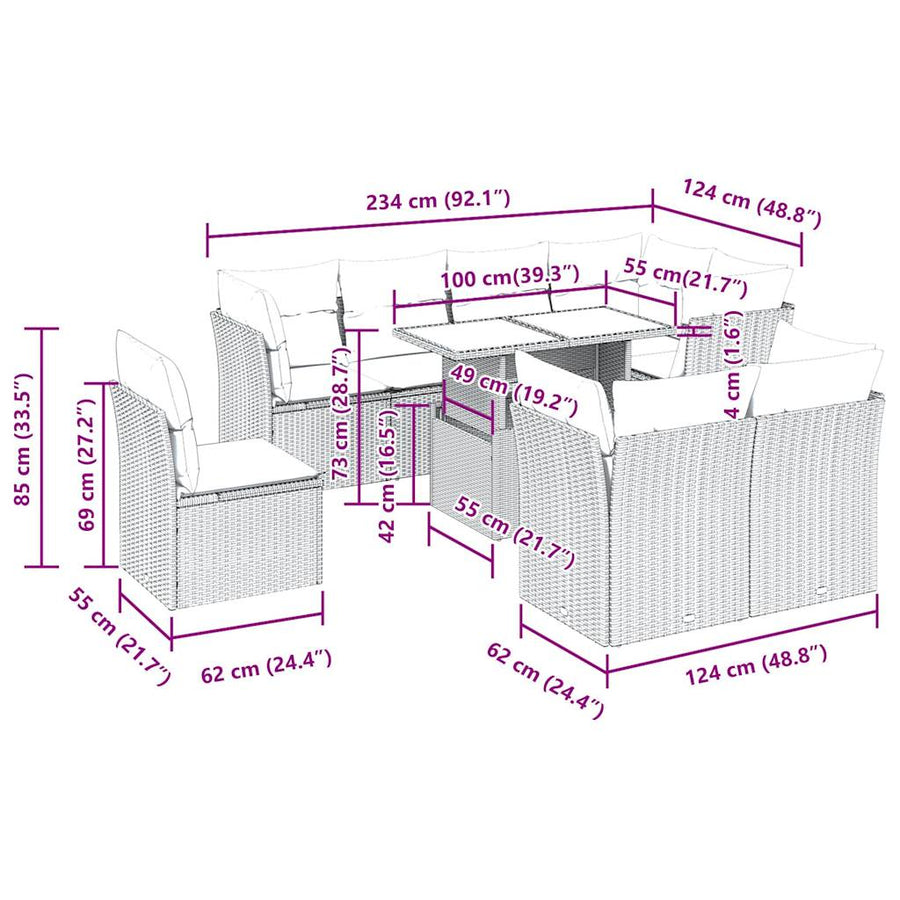 9-delige Loungeset met kussens poly rattan beige