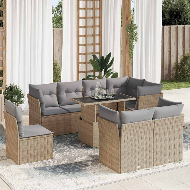 9-delige Loungeset met kussens poly rattan beige