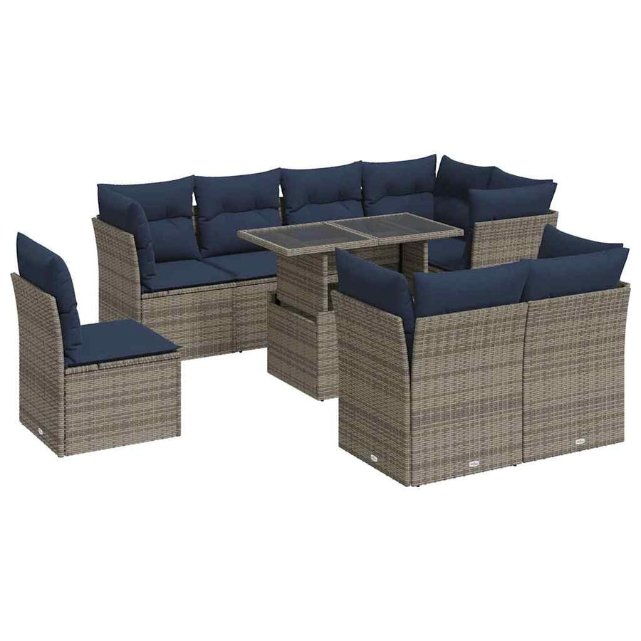 9-Delige Loungeset Met Kussens Poly Rattan Acacia 1 Grijs