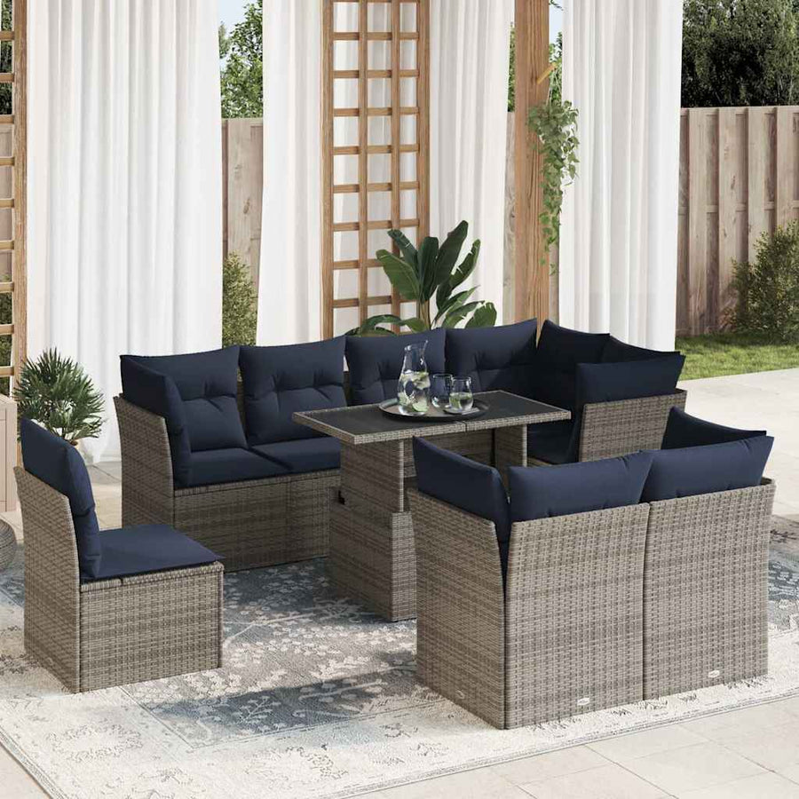 9-Delige Loungeset Met Kussens Poly Rattan Acacia 1 Grijs