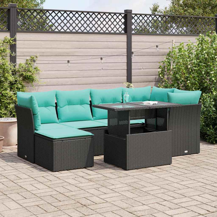 7-delige Loungeset met kussens poly rattan acacia zwart