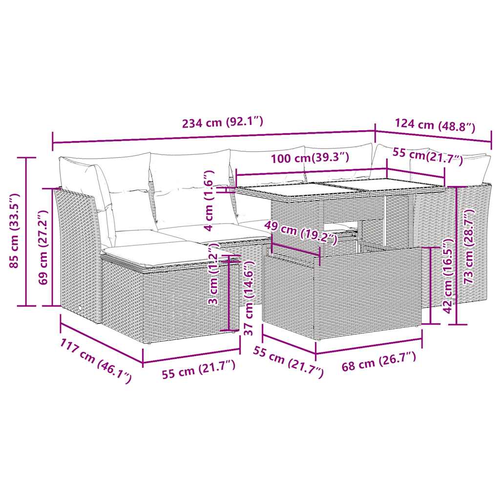 7-delige Loungeset met kussens poly rattan beige