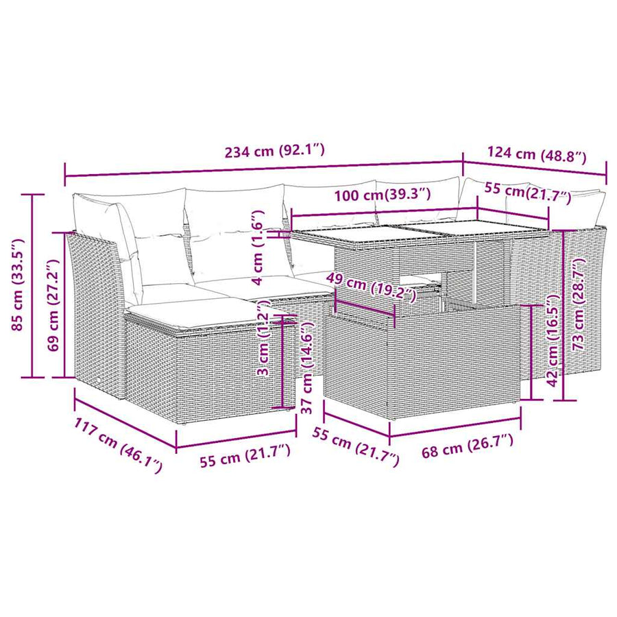 7-delige Loungeset met kussens poly rattan beige