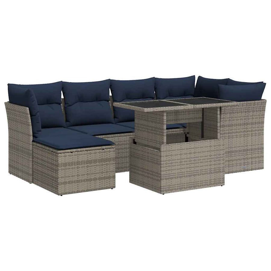 7-delige Loungeset met kussens poly rattan acacia grijs