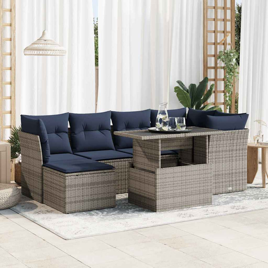 7-delige Loungeset met kussens poly rattan acacia grijs