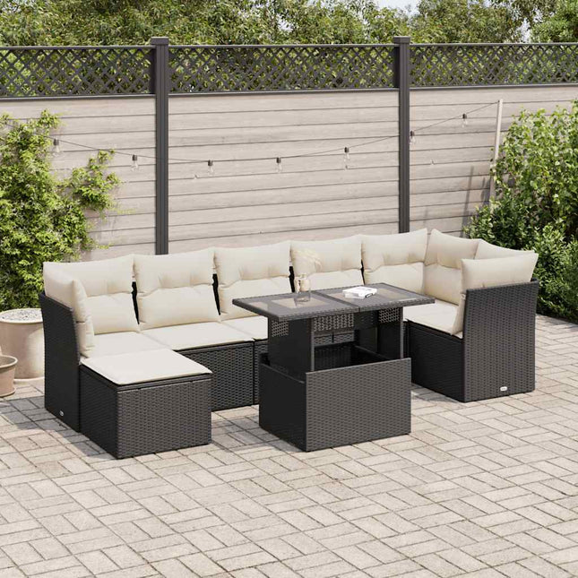 8-delige Loungeset met kussens poly rattan zwart