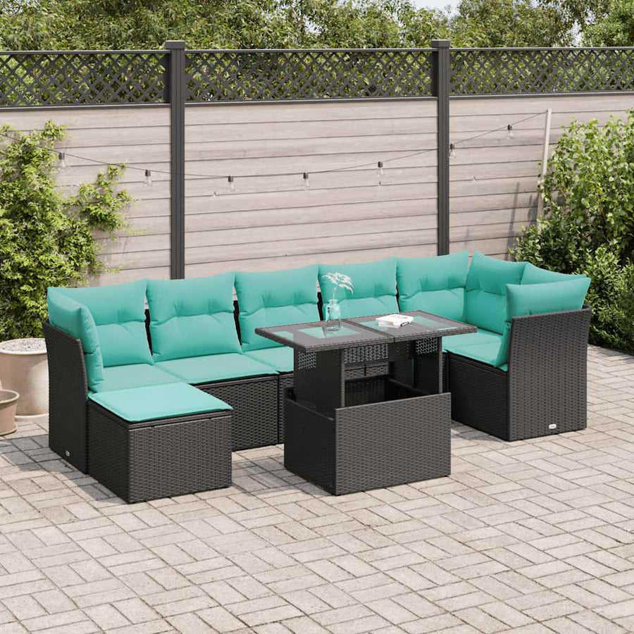 8-delige Loungeset met kussens poly rattan acacia zwart