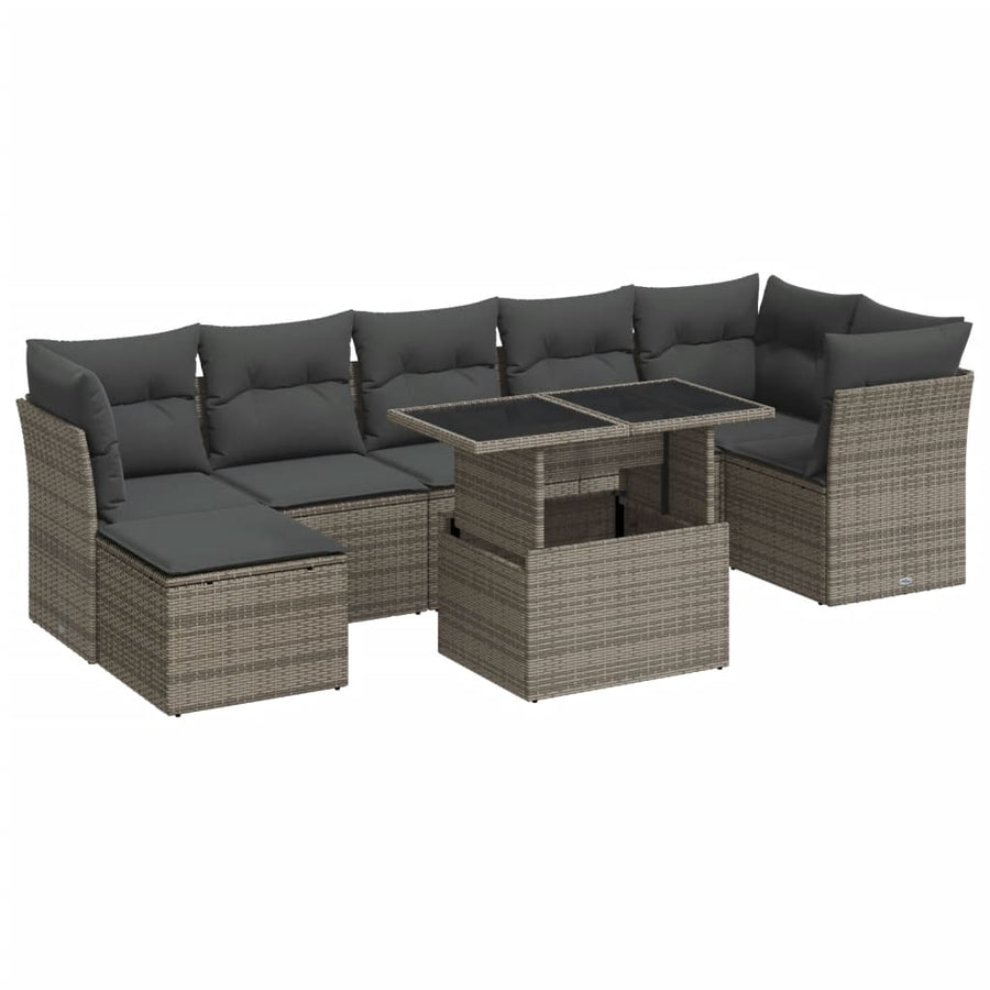 8-delige Loungeset met kussens poly rattan grijs